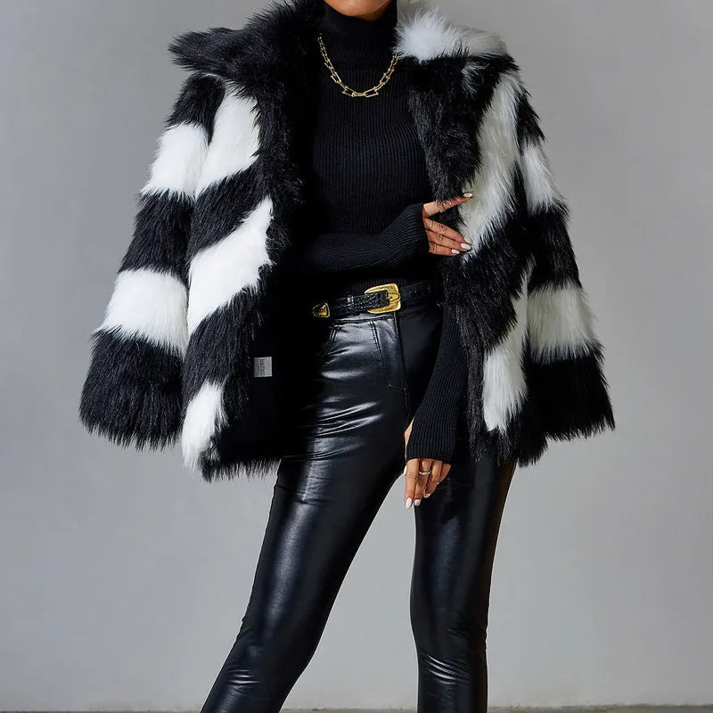 Faux fur coat with contrast lapel and detachable fur collar in normal 50cm length