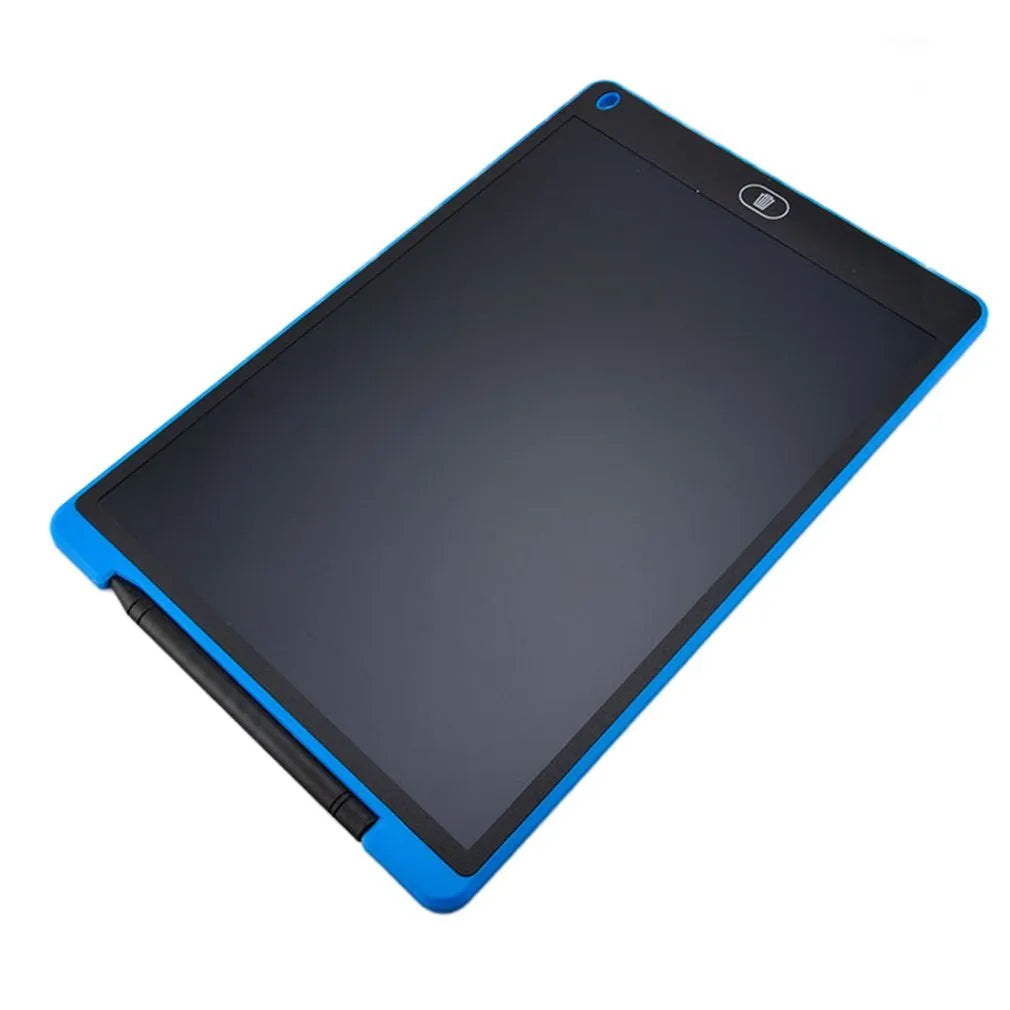 LCD electronic handwriting board for children in blue, showing stylus and erase button.
