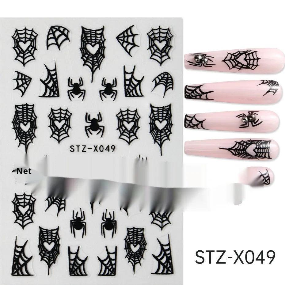Pack of black and silver strip nail art stickers with cartoon and love pattern designs.