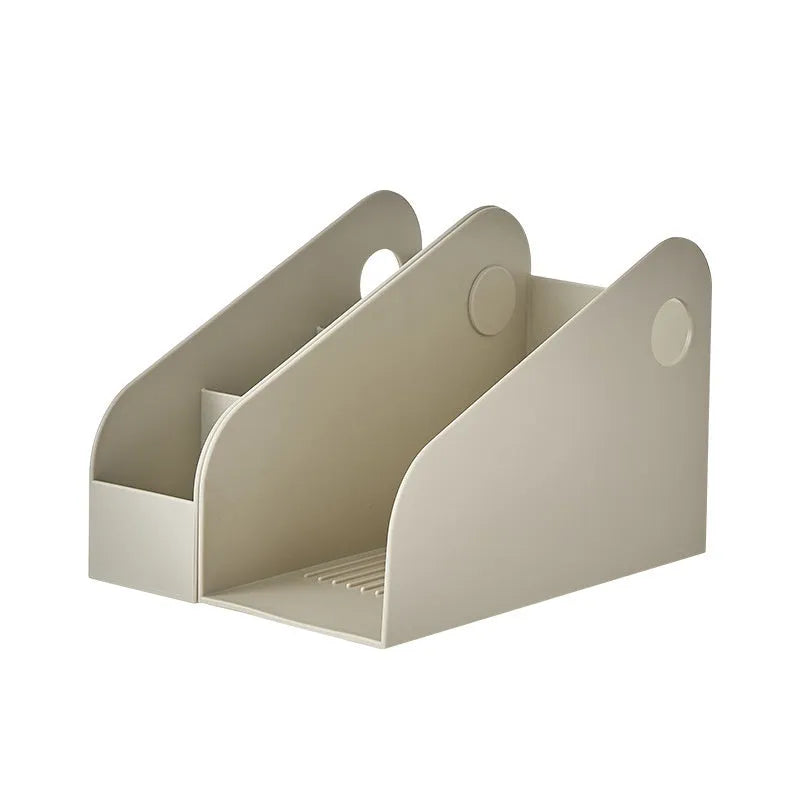 Two-tier white plastic desktop storage box with grid shelves for organising stationery and documents.