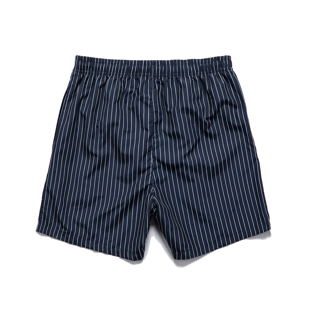 Men's striped polyester beach shorts in light blue with straight leg cut