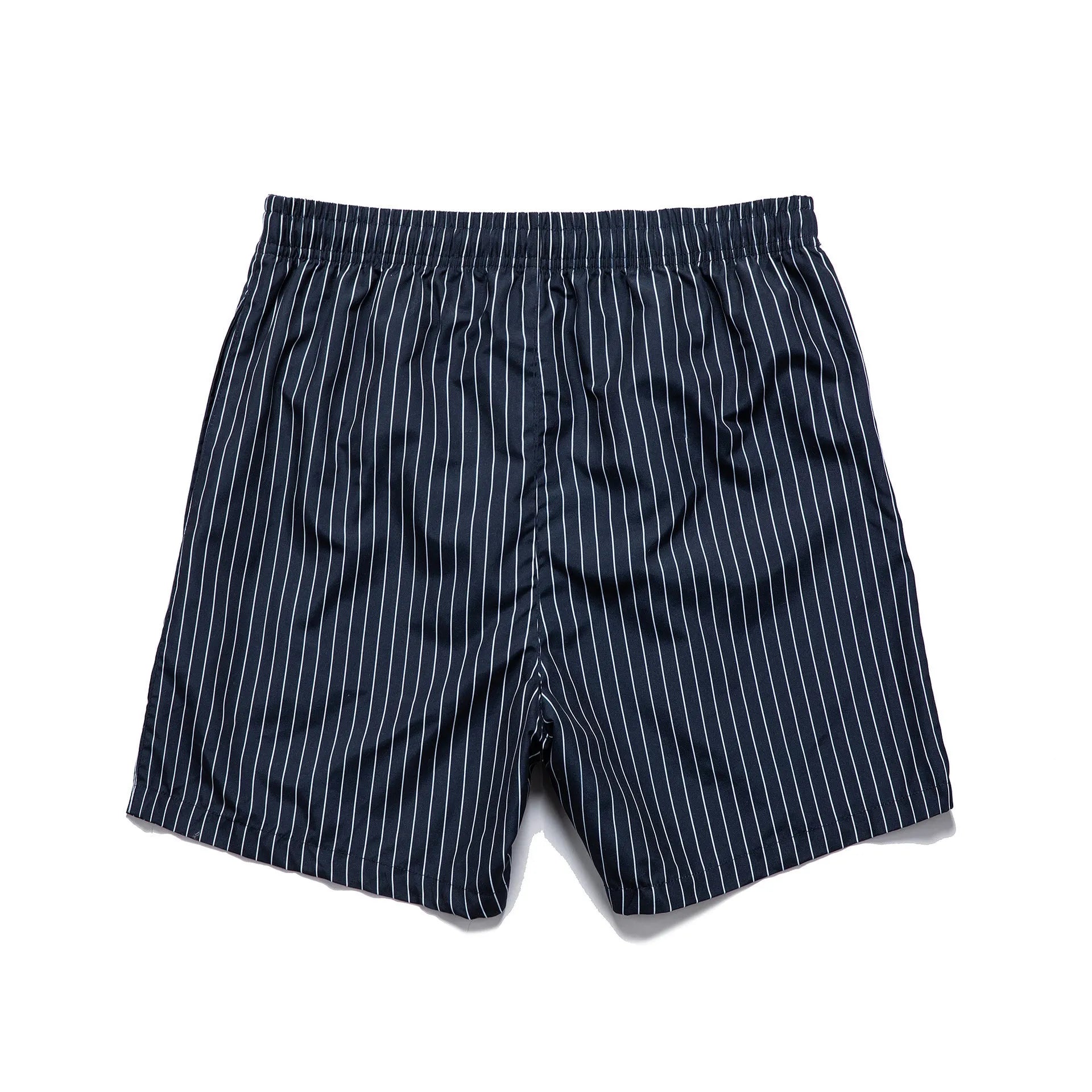 Men's striped polyester beach shorts in light blue with straight leg cut