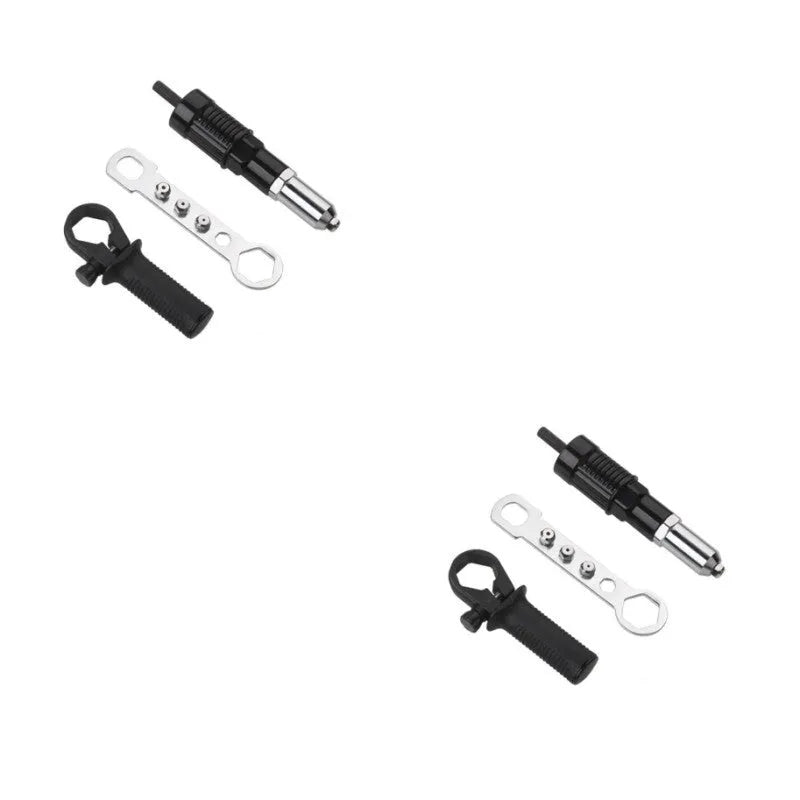 Black metal electric drill rivet gun attachment with alloy steel head, 173mm long, shown with handle and wrench.