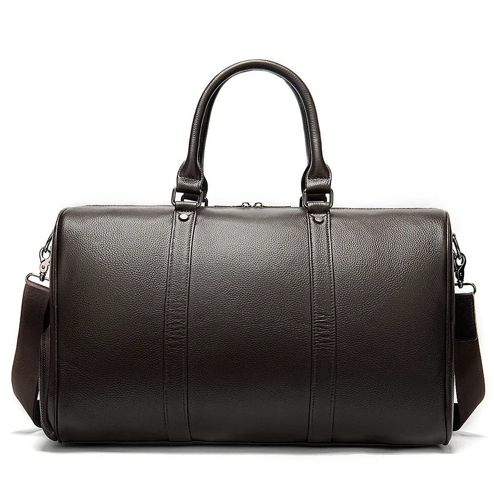 Men's leather excursion bag in black and coffee colours showing 44cm and 55cm size options