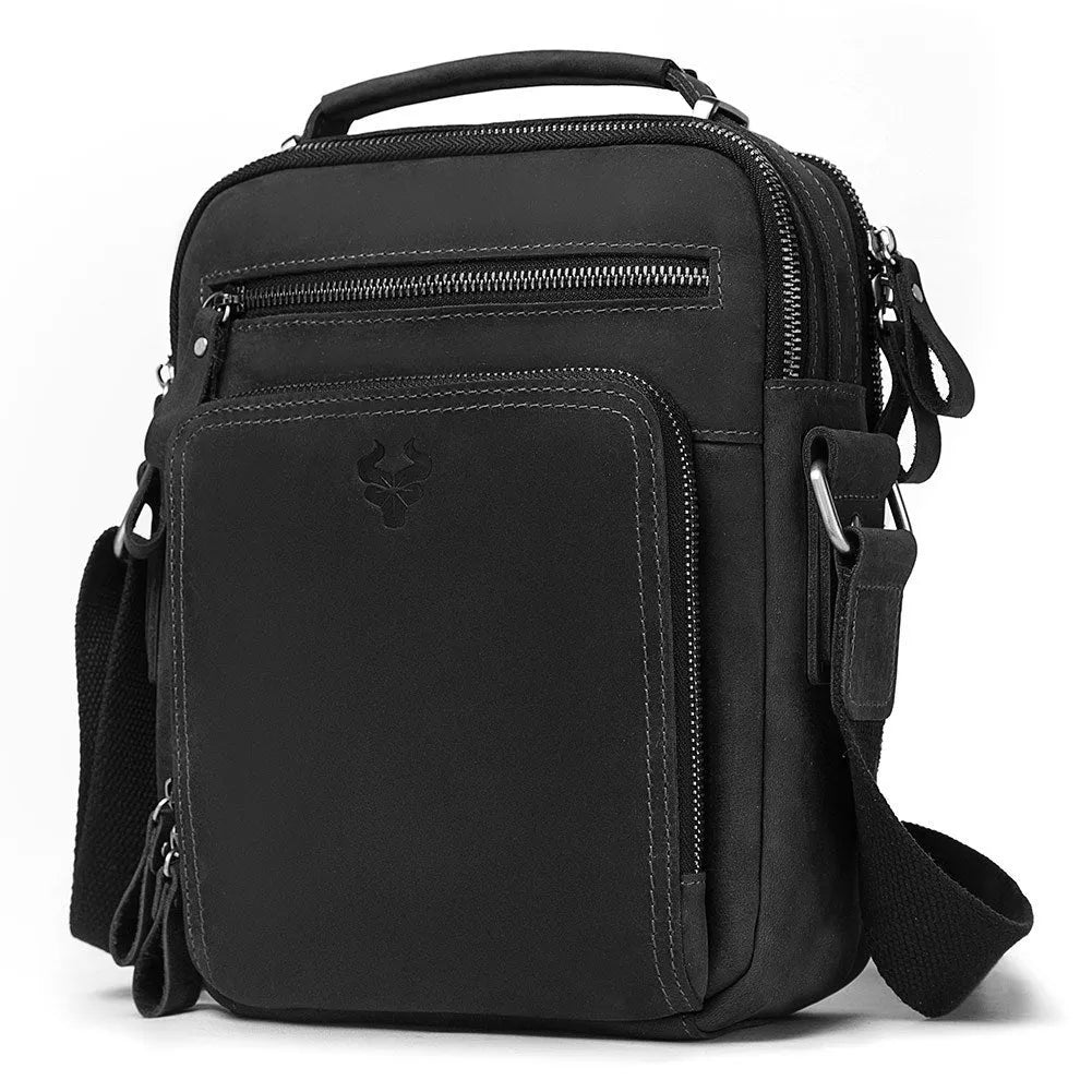Men's brown crazy horse leather crossbody bag with sewing line details and single shoulder strap