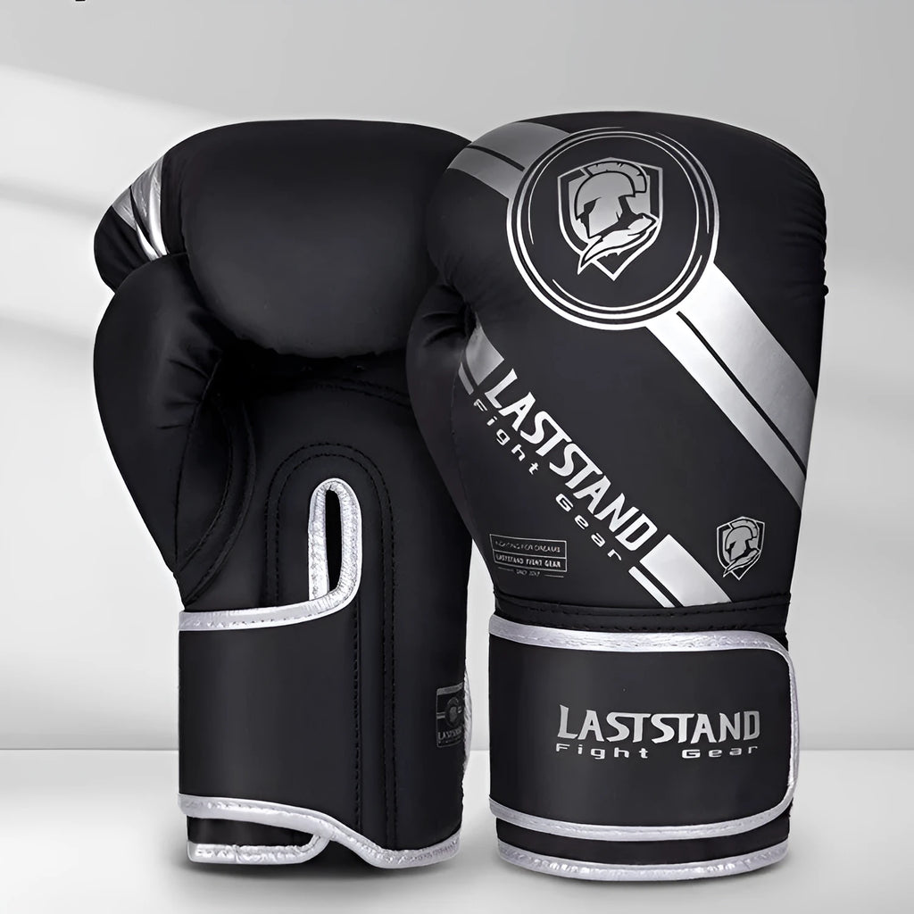 Pair of PU leather boxing gloves in black gold colour, 10oz size, vertical style for training