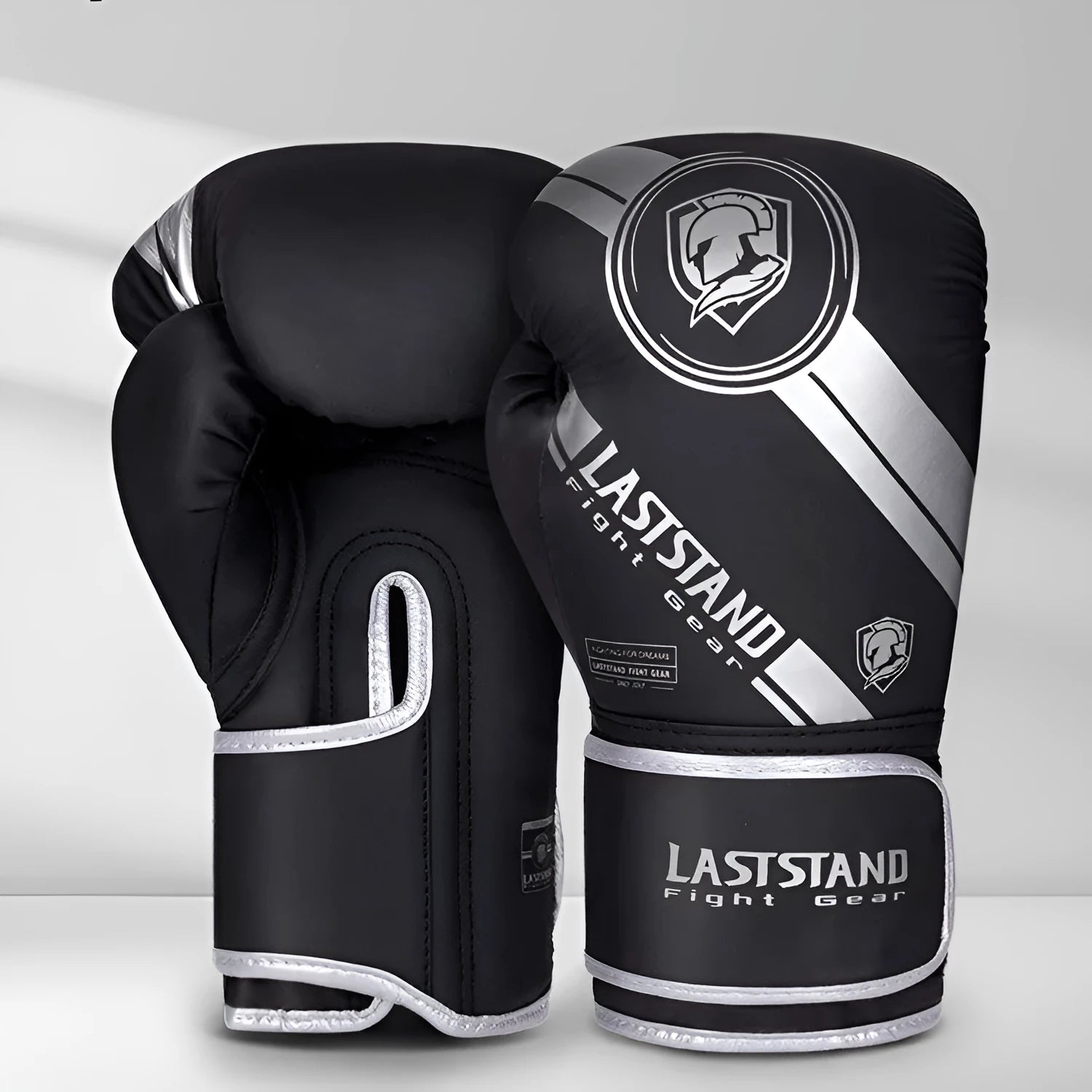 Pair of PU leather boxing gloves in black gold colour, 10oz size, vertical style for training