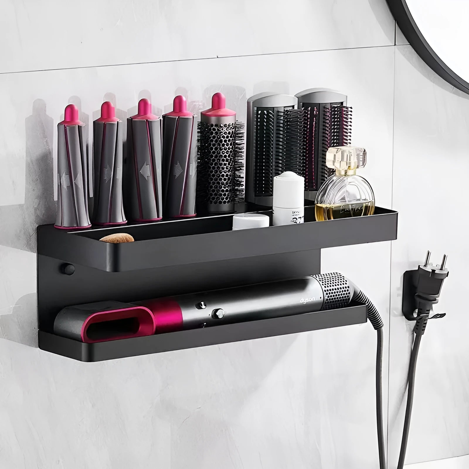 White punch-free double-layer aluminium bathroom storage rack for Marcel wavers and hair curlers