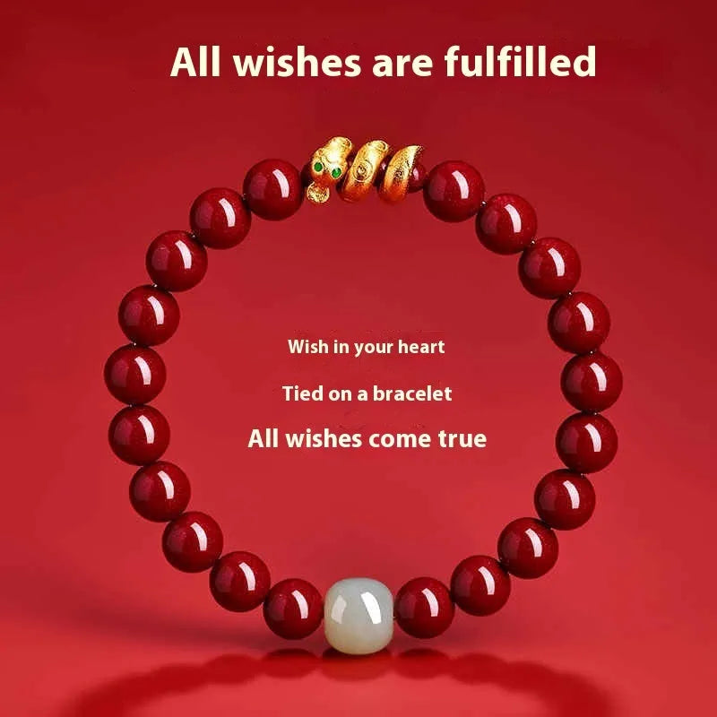 Handmade Chinese snake year cinnabar bracelet with snake beads in traditional zodiac design