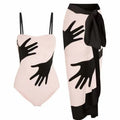 Women's patterned polyester swimsuit with attached tulle skirt in one-piece bikini design