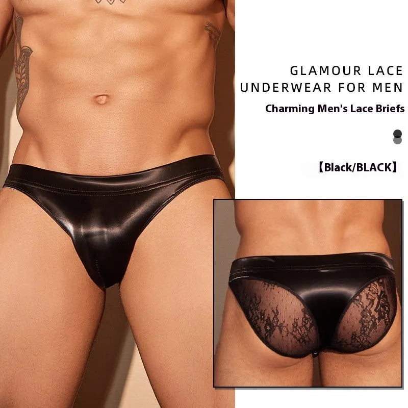 Men's black and white shark skin lace briefs with small hip European American design