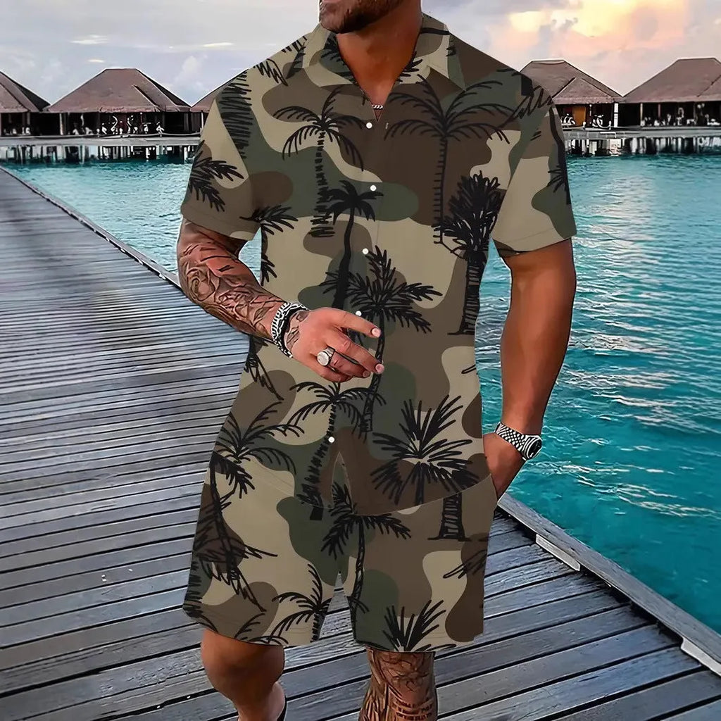 Men's 3D printed Hawaiian style short sleeve top and matching shorts summer suit