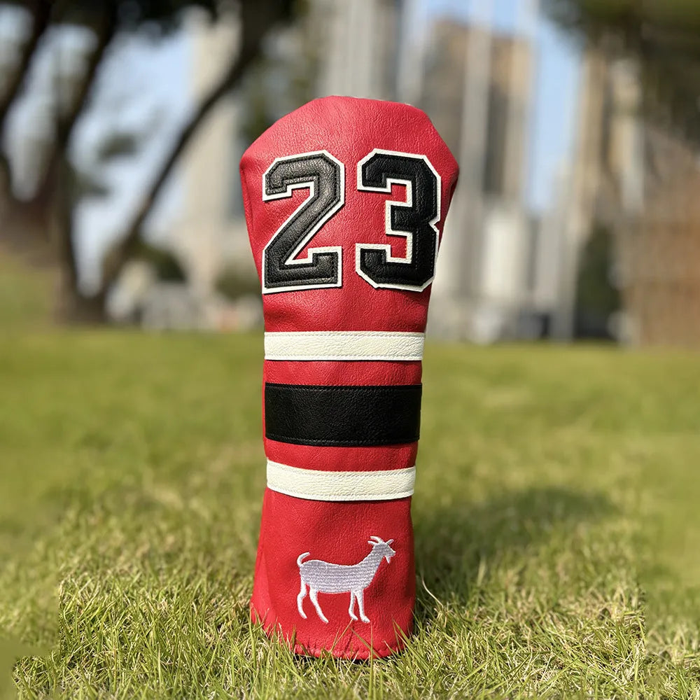 Ram golf club headcover set showing chicken drumstick UT cover, fairway wood sleeves, and square putter sleeve in red colour