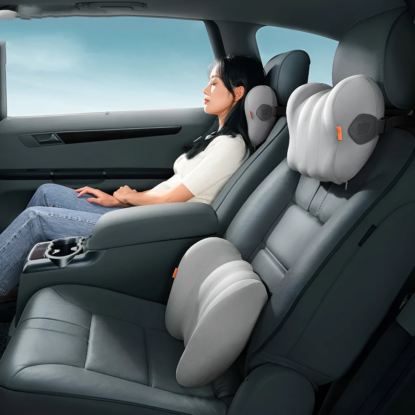 Grey and orange head restraint neck guard set for suspension bin cars with memory cotton filling