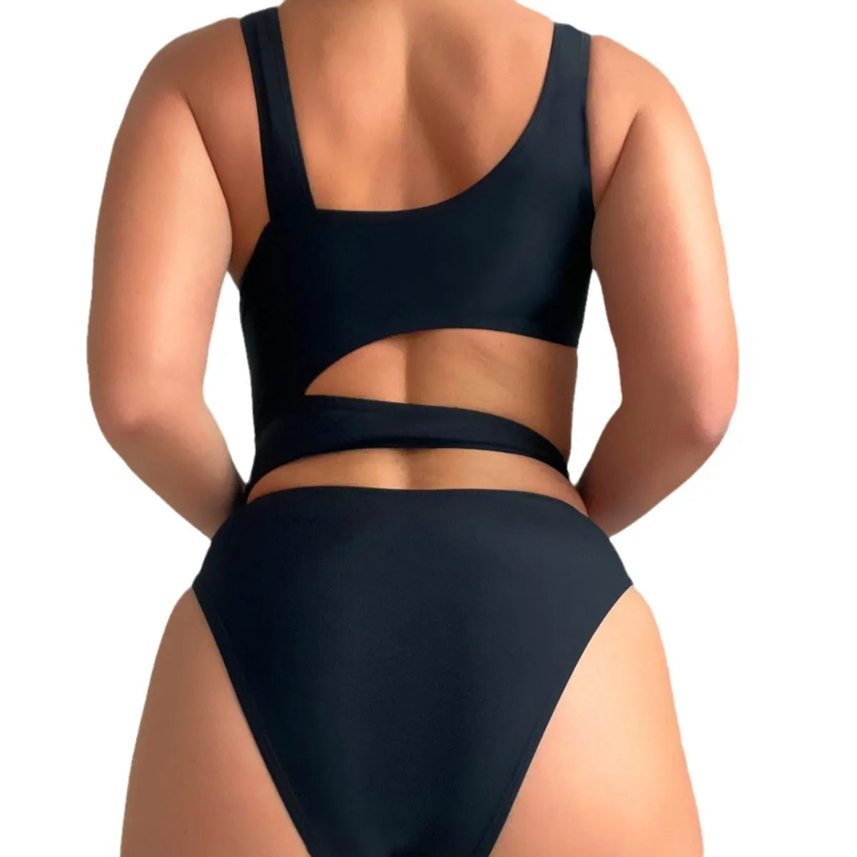 Black solid colour women's one-piece swimsuit with high-cut legs and a hollow back design.