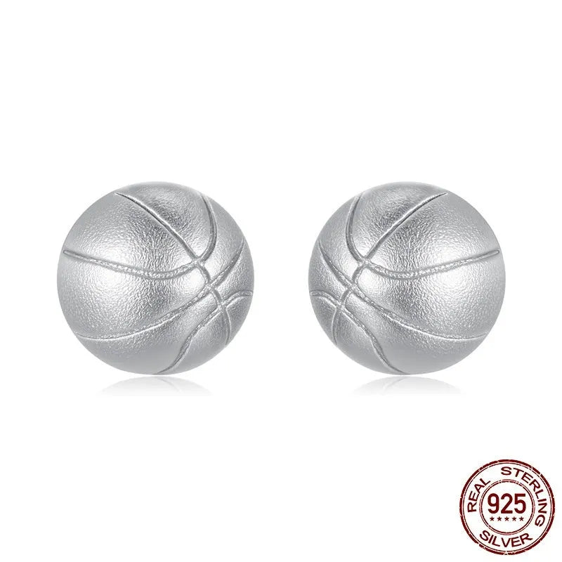S925 Sterling Silver Basketball Stud Earrings for Women Electroplated Silver Stud Earrings in Colour SCE1906 Pair of Sports Themed Earrings