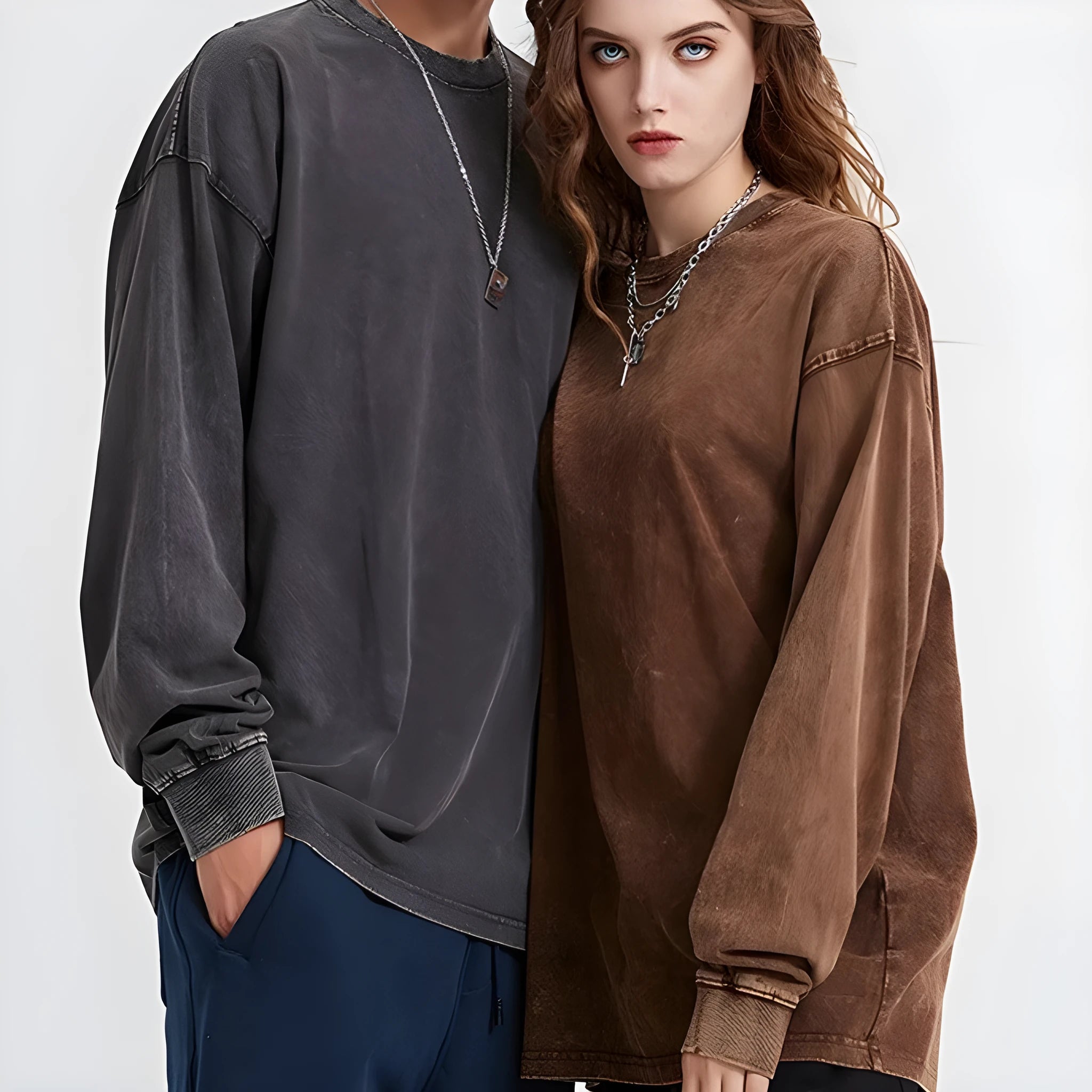 Man wearing a washed vintage style loose long sleeve cotton pullover shirt in a batik colour.