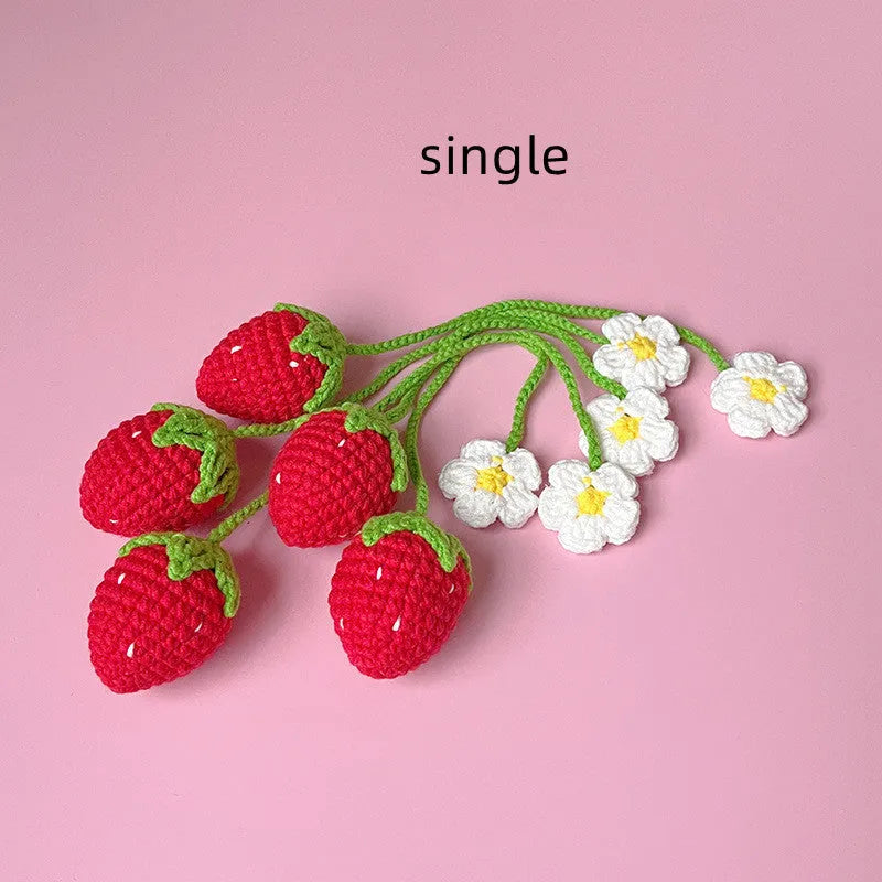 Wool crochet woven strawberry pendant necklace on 35cm cord