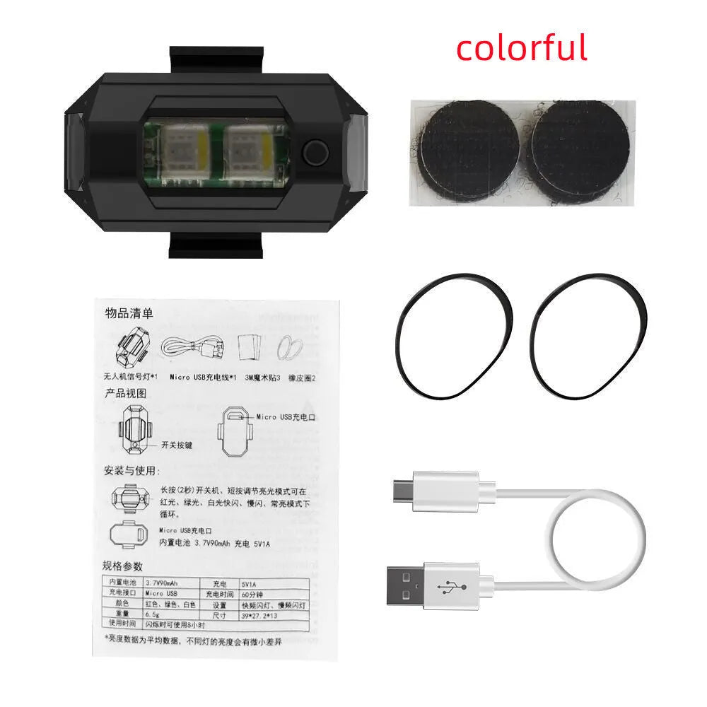Drone signal light with RGB LED showing multiple colours, includes charging cable and mounting accessories