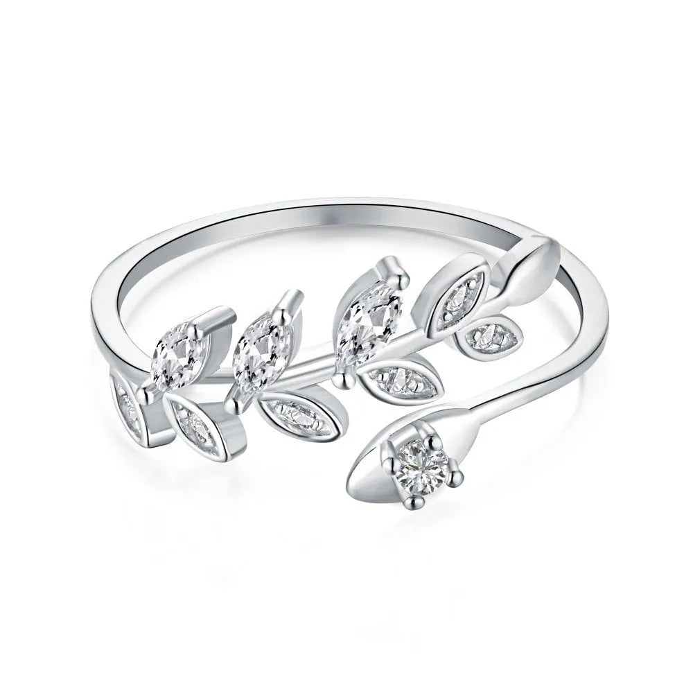 Silver adjustable ring for women with wheat leaf geometric pattern platinum colour