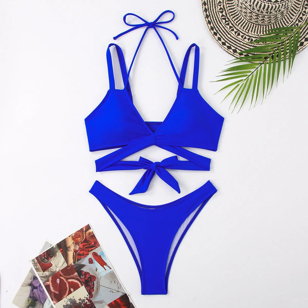 Women's solid colour strap bikini swimsuit in briefs style with multiple colour options