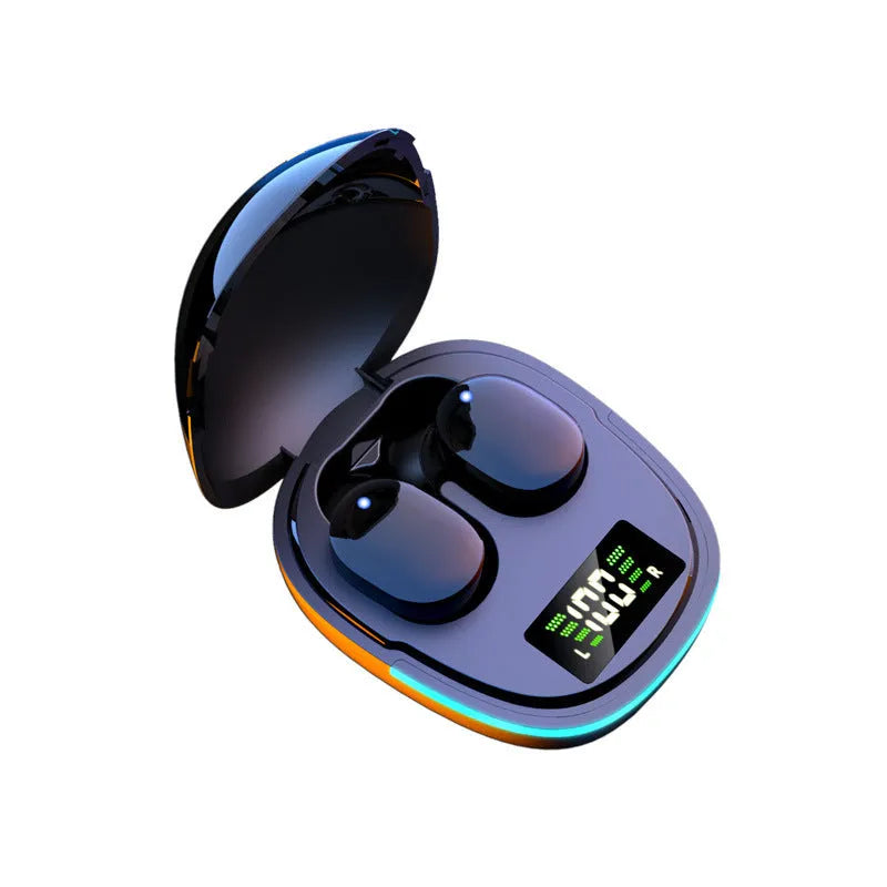 Black true wireless Bluetooth headphones with charging case showing digital battery display