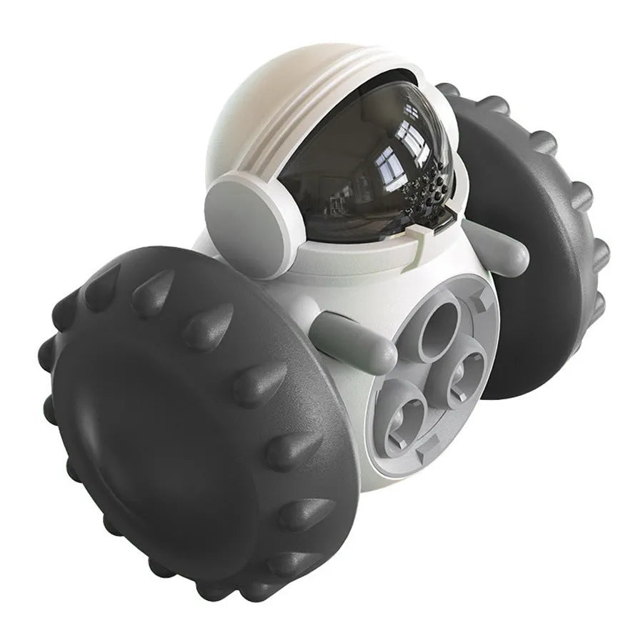 Small dog treat dispenser toy with robot appearance in five colour options showing dimensions