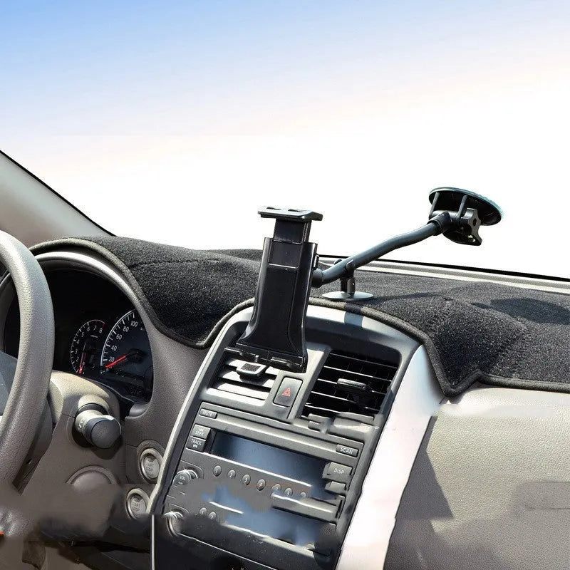 Black vehicle-mounted tablet holder with suction cup for 4-12 inch devices.