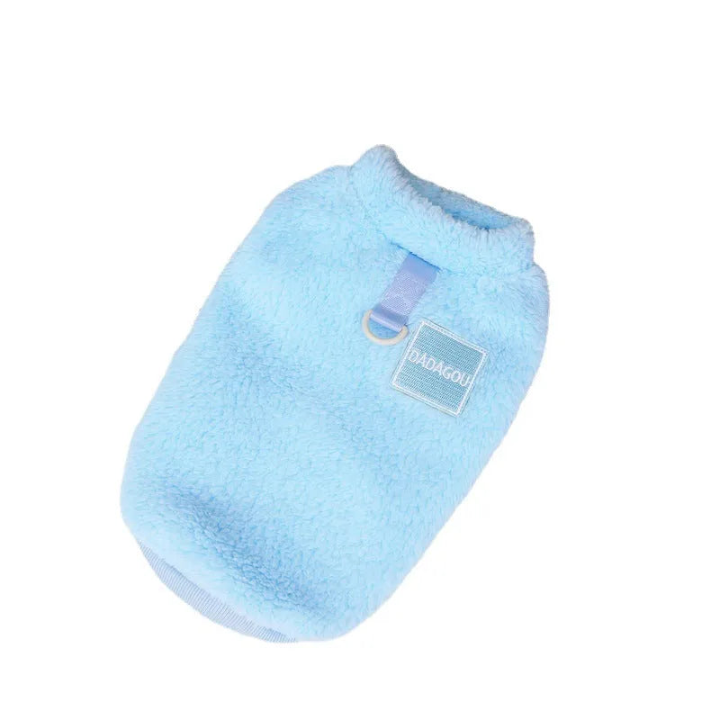 Coral fleece dog jacket with multi-colour pull ring fastening in blue colour option