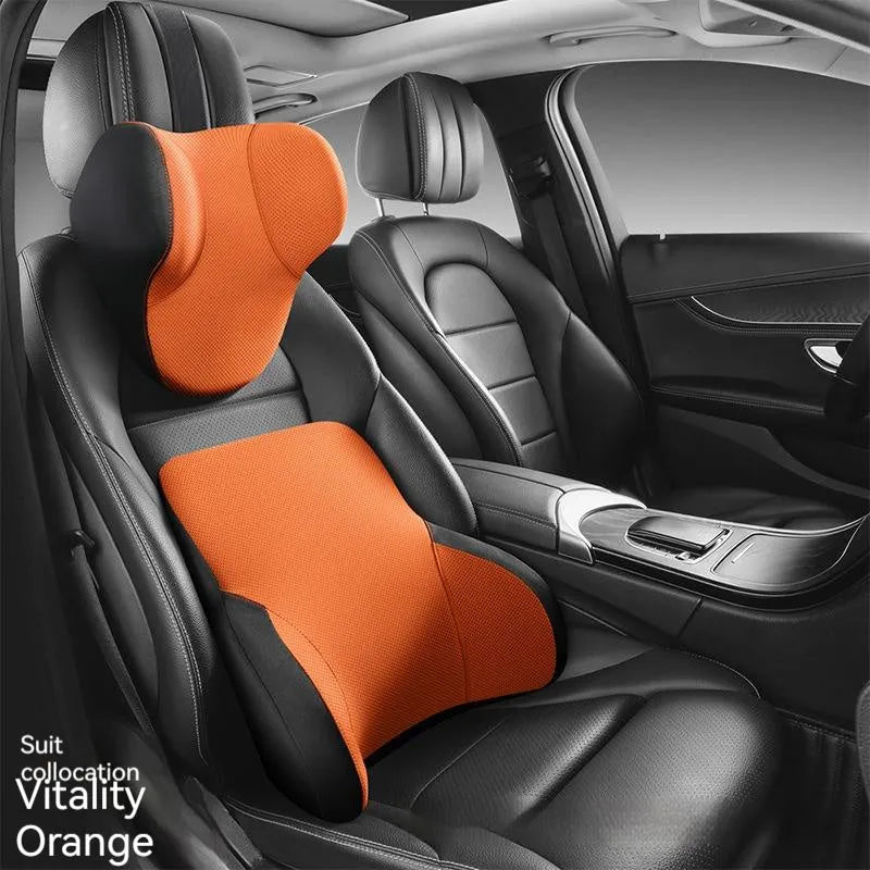 Memory foam car lumbar support pillow and matching headrest cover in knitted fabric