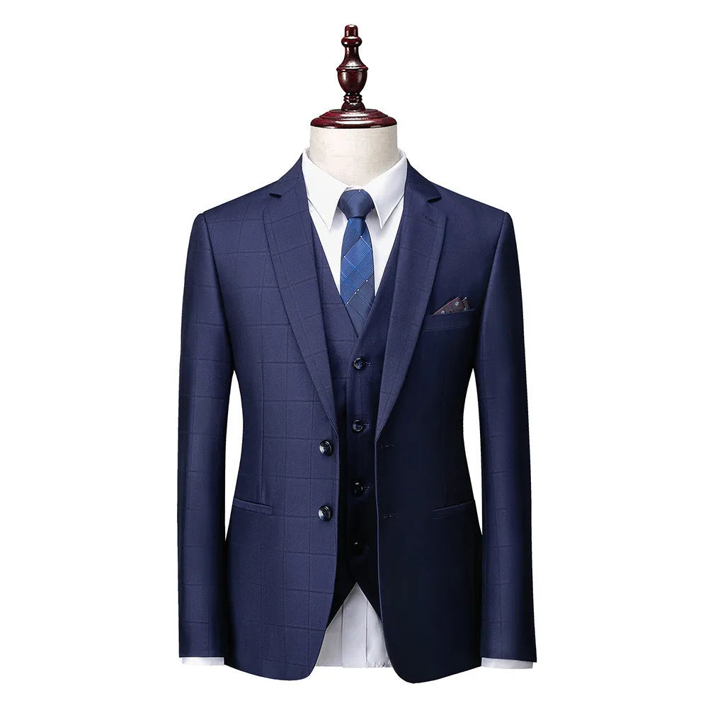 Men's three-piece plaid business casual suit with vest in slim fit design
