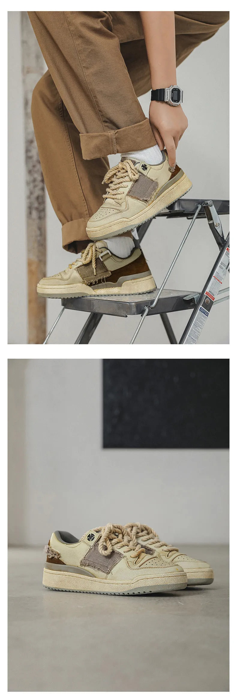 Beige low-top skateboard shoes with round toe and front lace-up closure on a flat rubber sole.