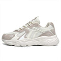 Men's beige and black collapse flat casual sneakers shown in a folded and unfolded state.
