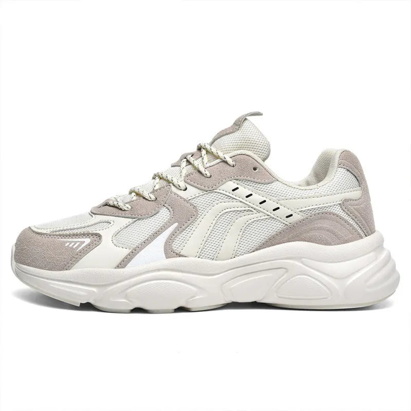 Men's beige and black collapse flat casual sneakers shown in a folded and unfolded state.
