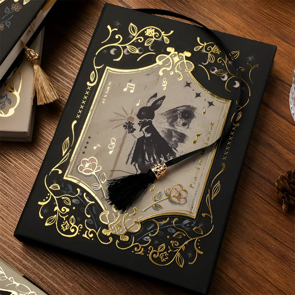 THALO A5 gothic retro art notebook showing three cover design options on wooden surface