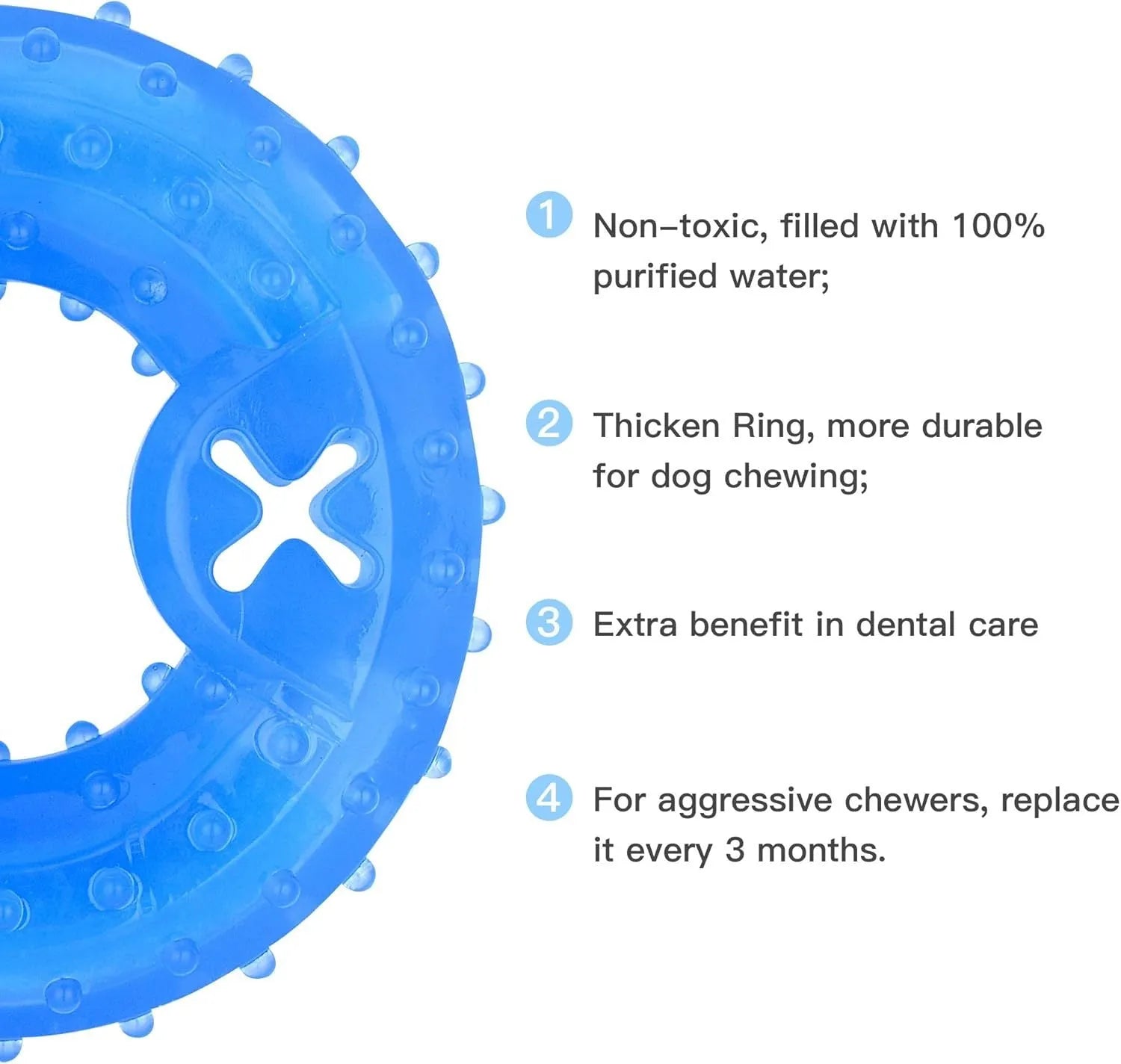 Freezable bone-shaped and circle-shaped dog cooling chew toys with treat pockets.