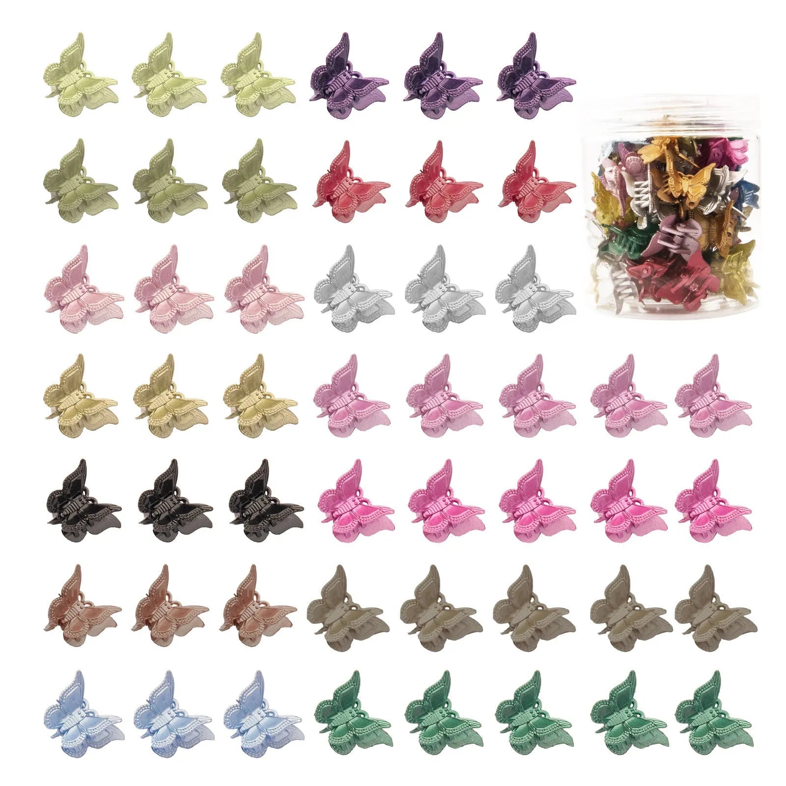 50 glitter butterfly hair claw clips in 14 sparkly colours displayed together