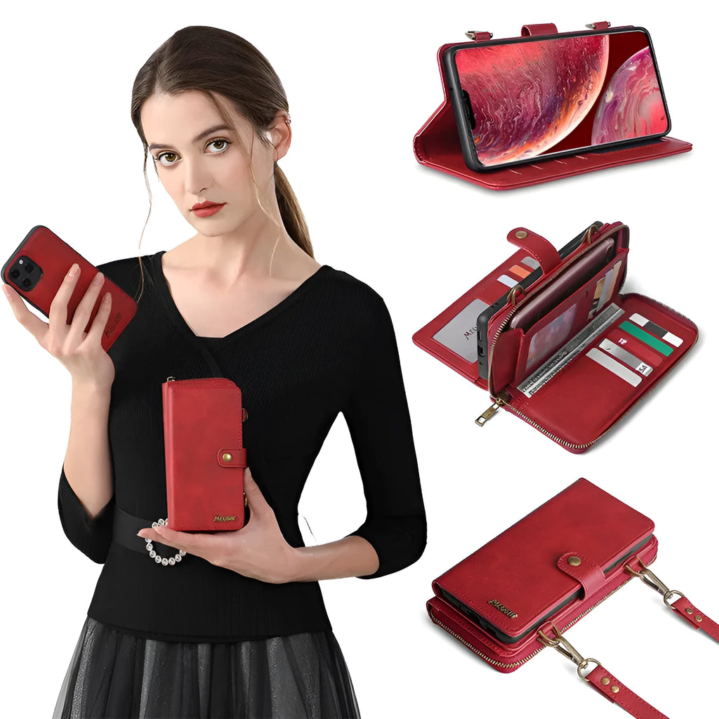 Detachable wallet style phone case with leather flip cover in black, blue, brown, or red colours