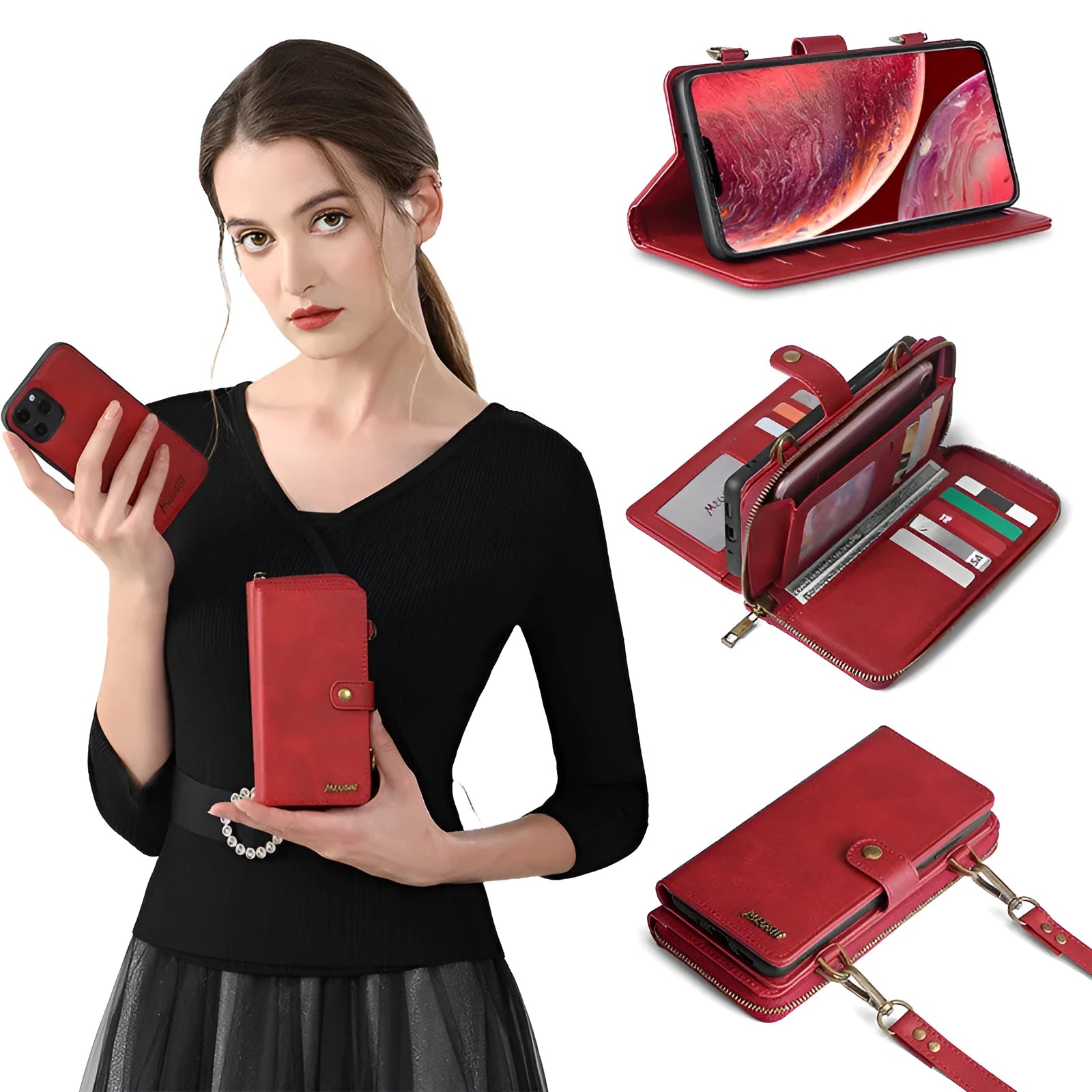 Detachable wallet style phone case with leather flip cover in black, blue, brown, or red colours