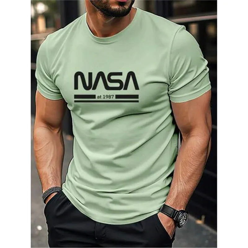Men's slim-fit cotton short sleeve T-shirt with printed letters design in various solid colours