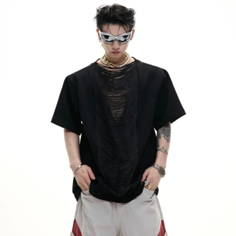 Men's black loose fit V-neck polyester T-shirt with short sleeves and tassel detailing
