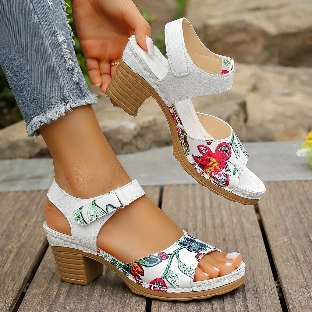 White women's high heel sandals with velcro ankle strap and rubber sole