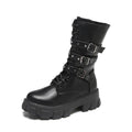 Women's punk mid boots in white with buckle, lace-up front, side zip, round toe, and artificial PU upper