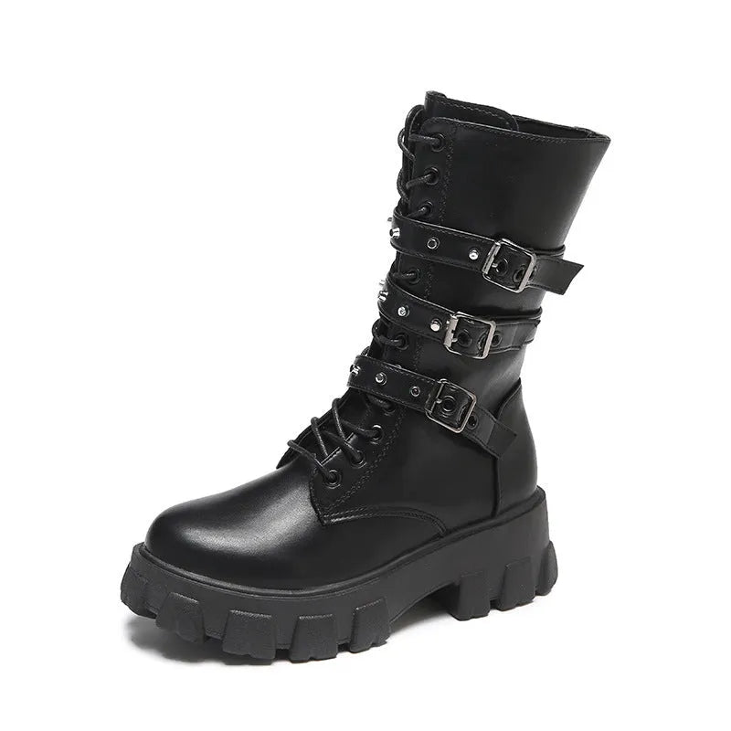 Women's punk mid boots in white with buckle, lace-up front, side zip, round toe, and artificial PU upper