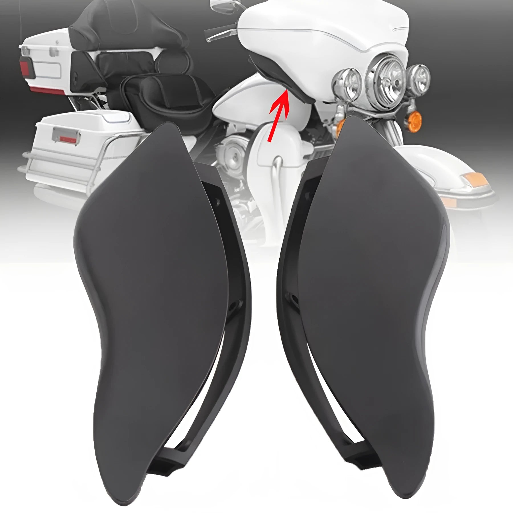 Black smoked ABS windshield side wing for a Harley Davidson three-wheel Glide motorcycle.