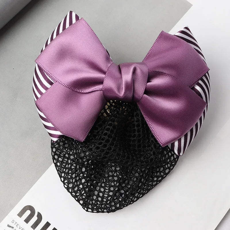 Professional hair clip headdress with flower bow net pocket in multiple colour variations