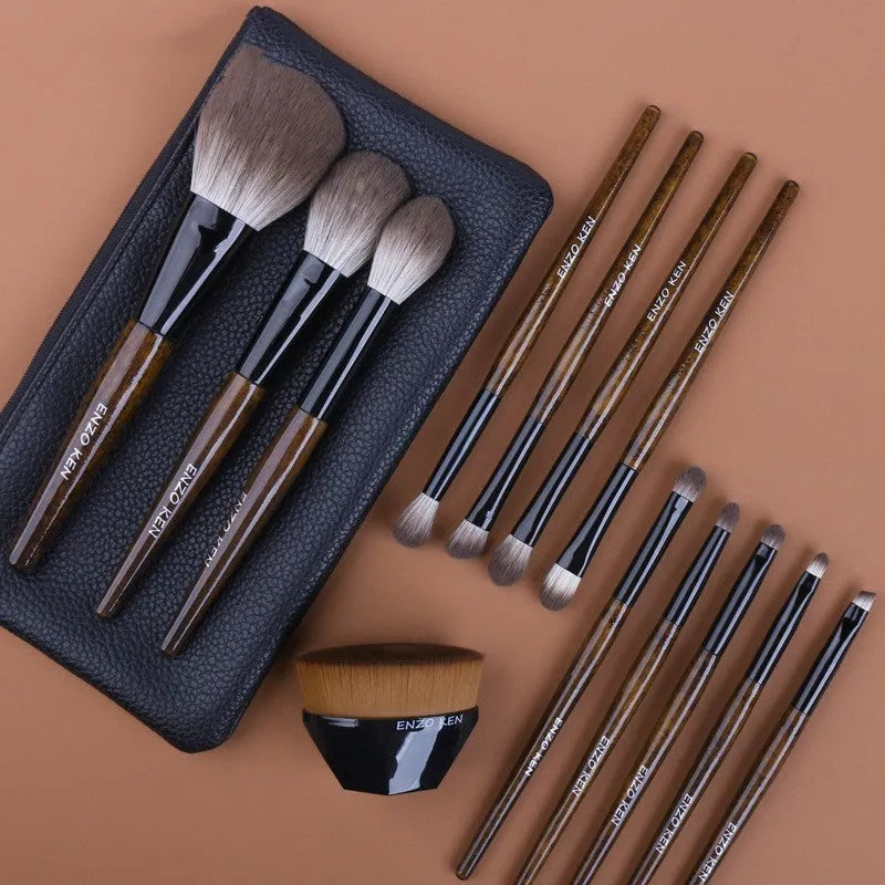 12-piece makeup brush set with wooden handles in portable PU brush roll
