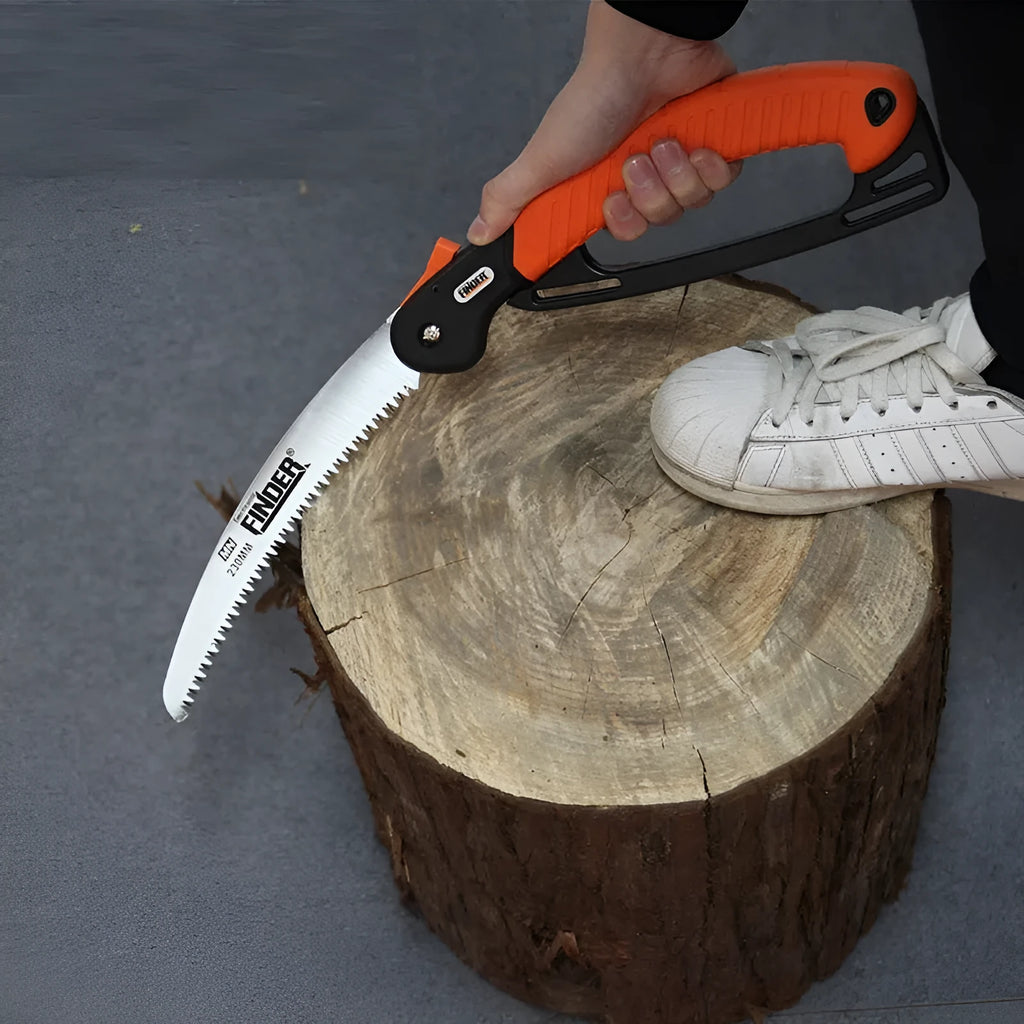 230mm folding garden hand saw with a black TPR grip and silver steel blade shown open and closed.