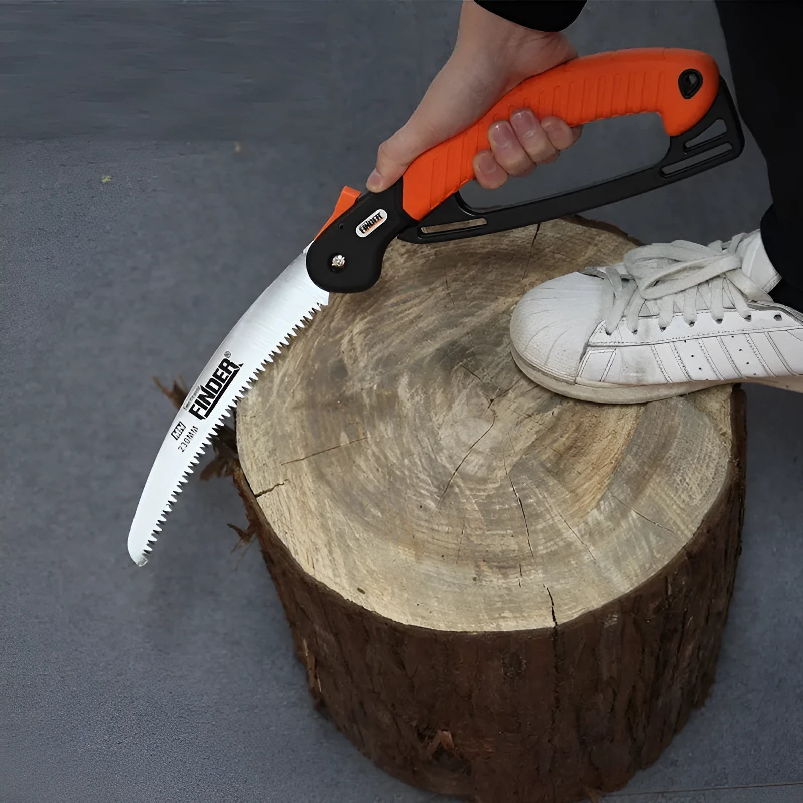 230mm folding garden hand saw with a black TPR grip and silver steel blade shown open and closed.