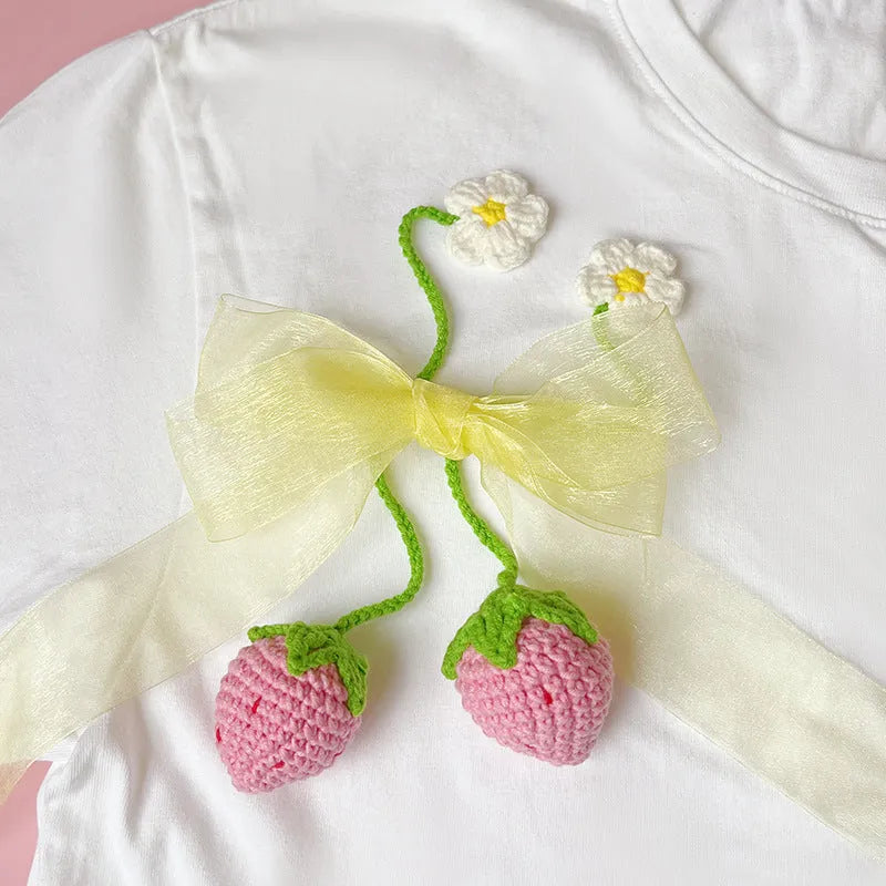 Wool crochet woven strawberry pendant necklace on 35cm cord